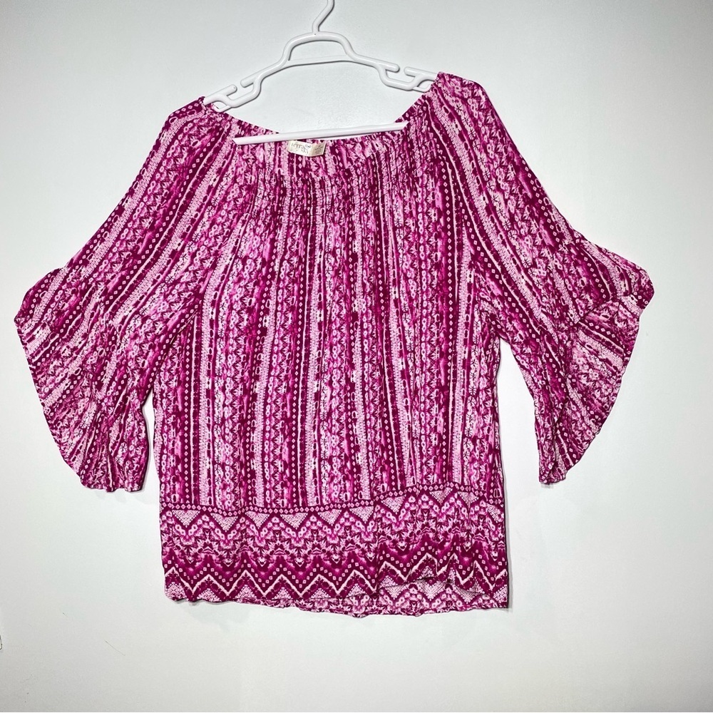 Terra & Sky Boho Peasant Blouse Women's 2X Fuchsia Ruffle Sleeve Flowy Airy Top